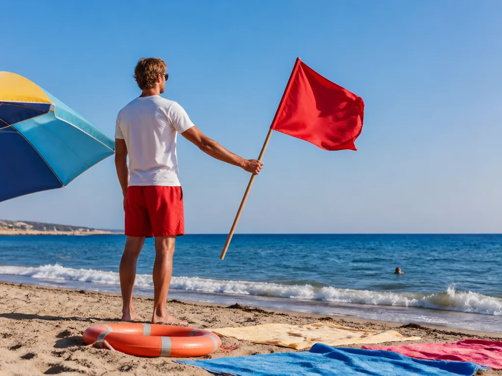 Drapeaux de baignade colorés surveillant une plage fréquentée