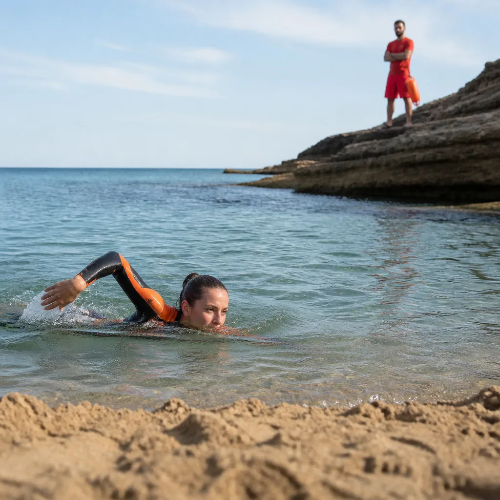 Débutant suivant un entraînement de natation en eau libre balisé