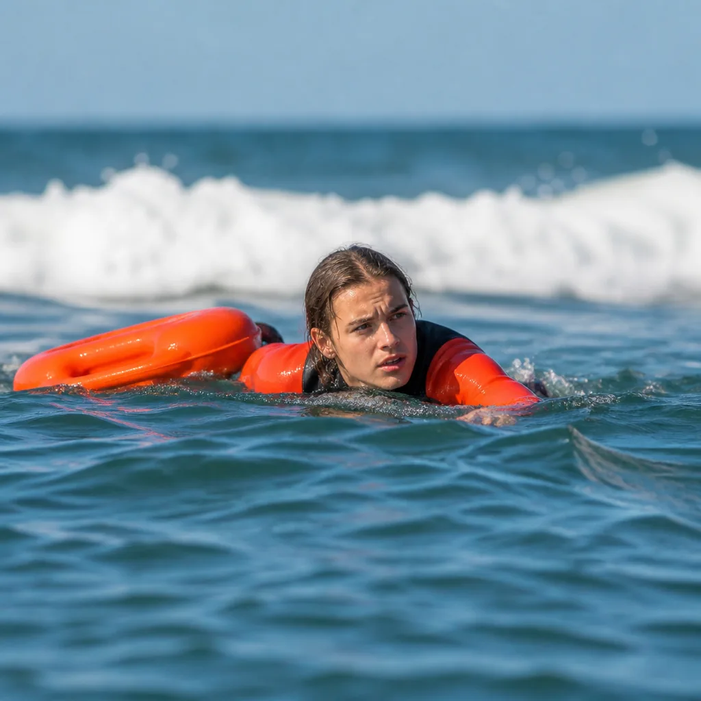 Débutants en entraînement de sauvetage côtier sur une plage surveillée