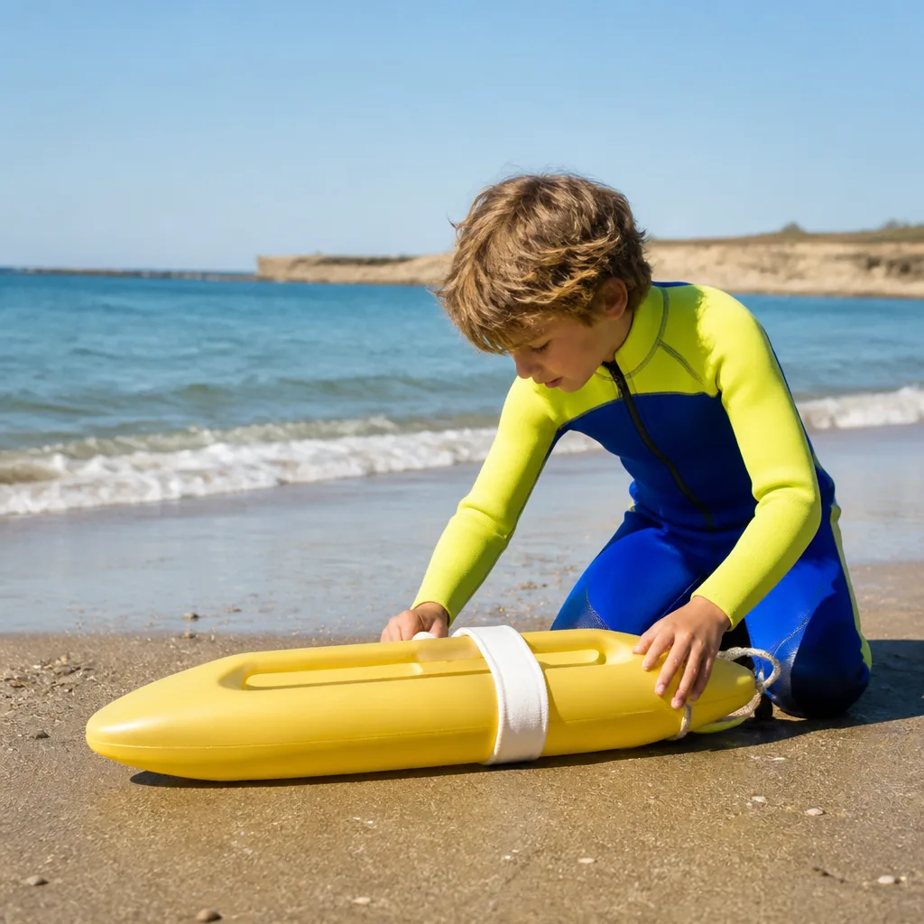 Enfant découvrant le sauvetage côtier avec un moniteur sur la plage